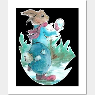 Rabbit throwing snowballs 22/11/23 - vintage Christmas inspired designs Posters and Art